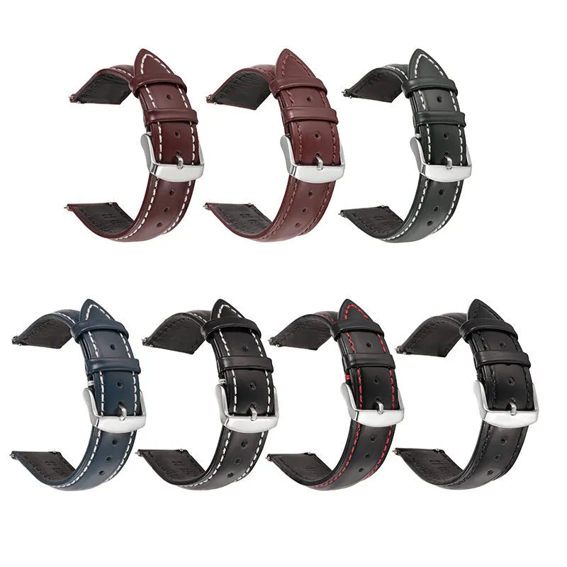 Quick release leather watch strap in bright cowhide, shown in multiple colour and width options.