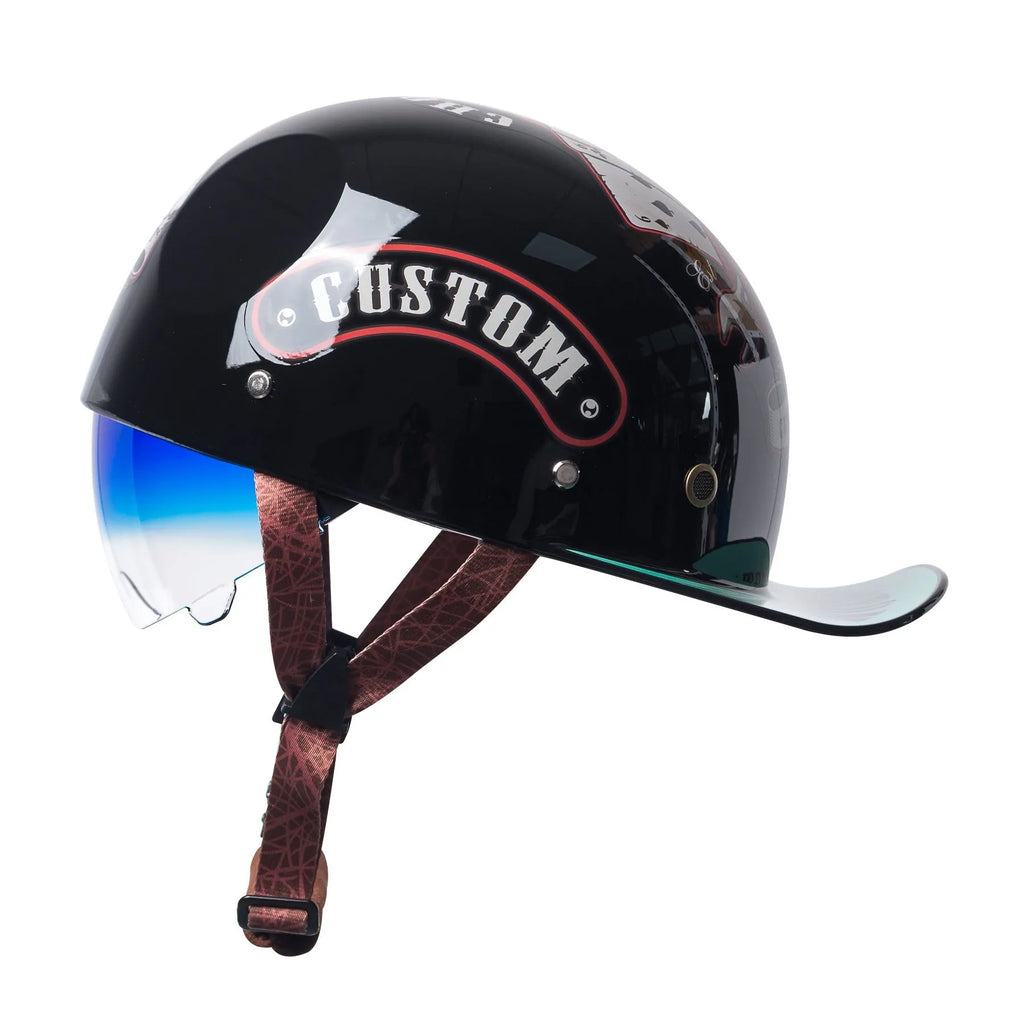 Men's retro half helmet for electric bicycles in bright black gradient blue with contrasting lens