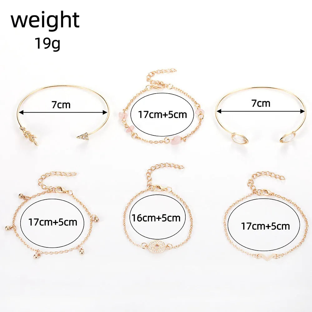Six-piece zinc alloy women's bracelet set with golden spots, drill arrows, water droplets, and V-shaped links