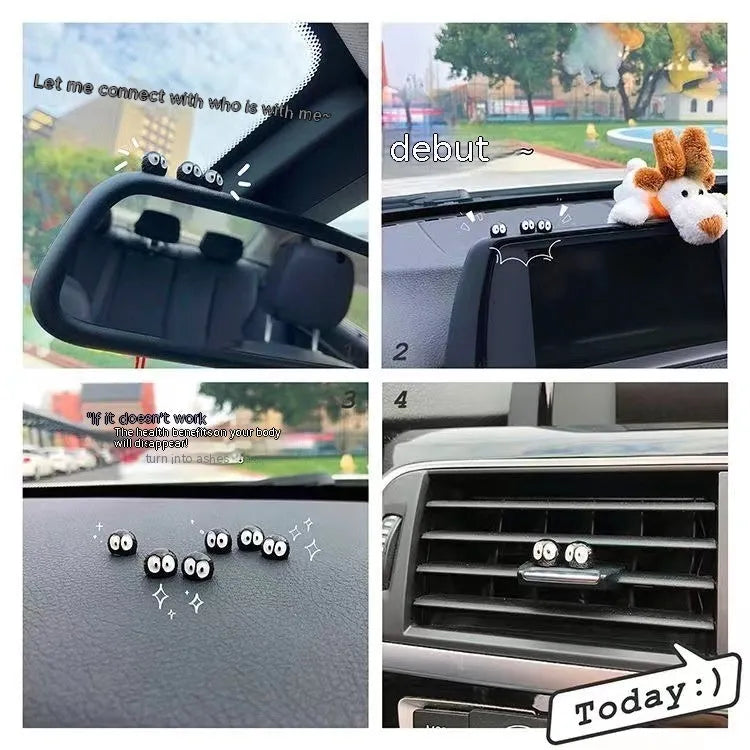 Small black cartoon-style briquette car decoration made of resin with adhesive tape.