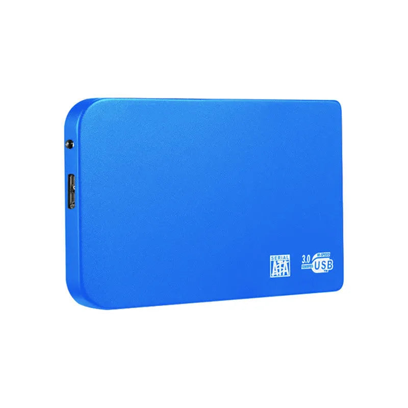 External solid state drive with metal shell in choice of black, blue, red, or silver colours showing USB 3.0 connector
