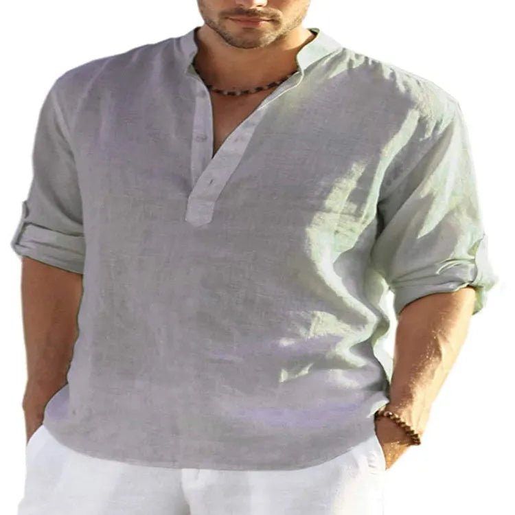 Men's solid colour cotton linen long sleeve shirt with stand collar and button-down front.