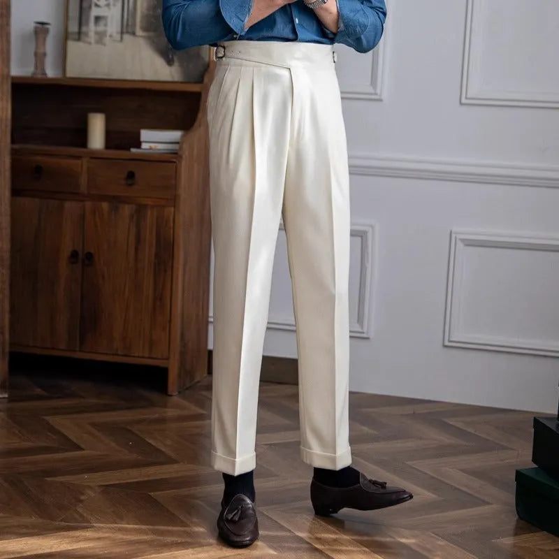 Men's black high-waist straight-leg casual trousers laid flat.