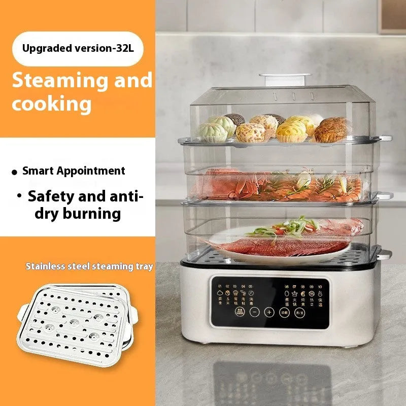 Stainless steel electric steamer appliance with 28-litre capacity and digital display