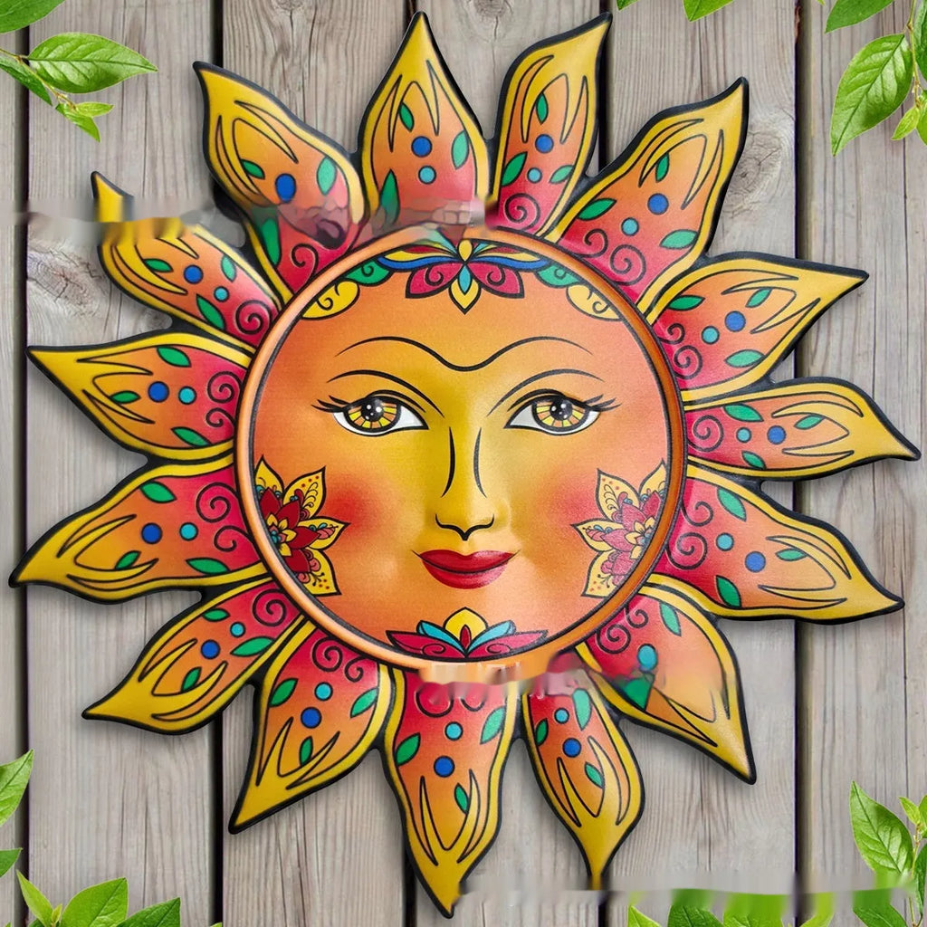 Decorative iron wall hanging with a sun face design in a choice of colours.