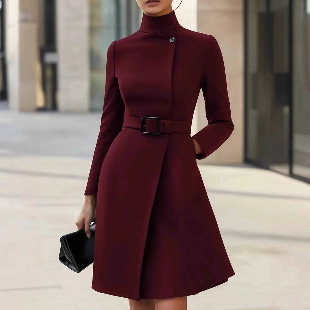 Women's long sleeve casual dress with stand collar and high waist in black, bohemian style on a model