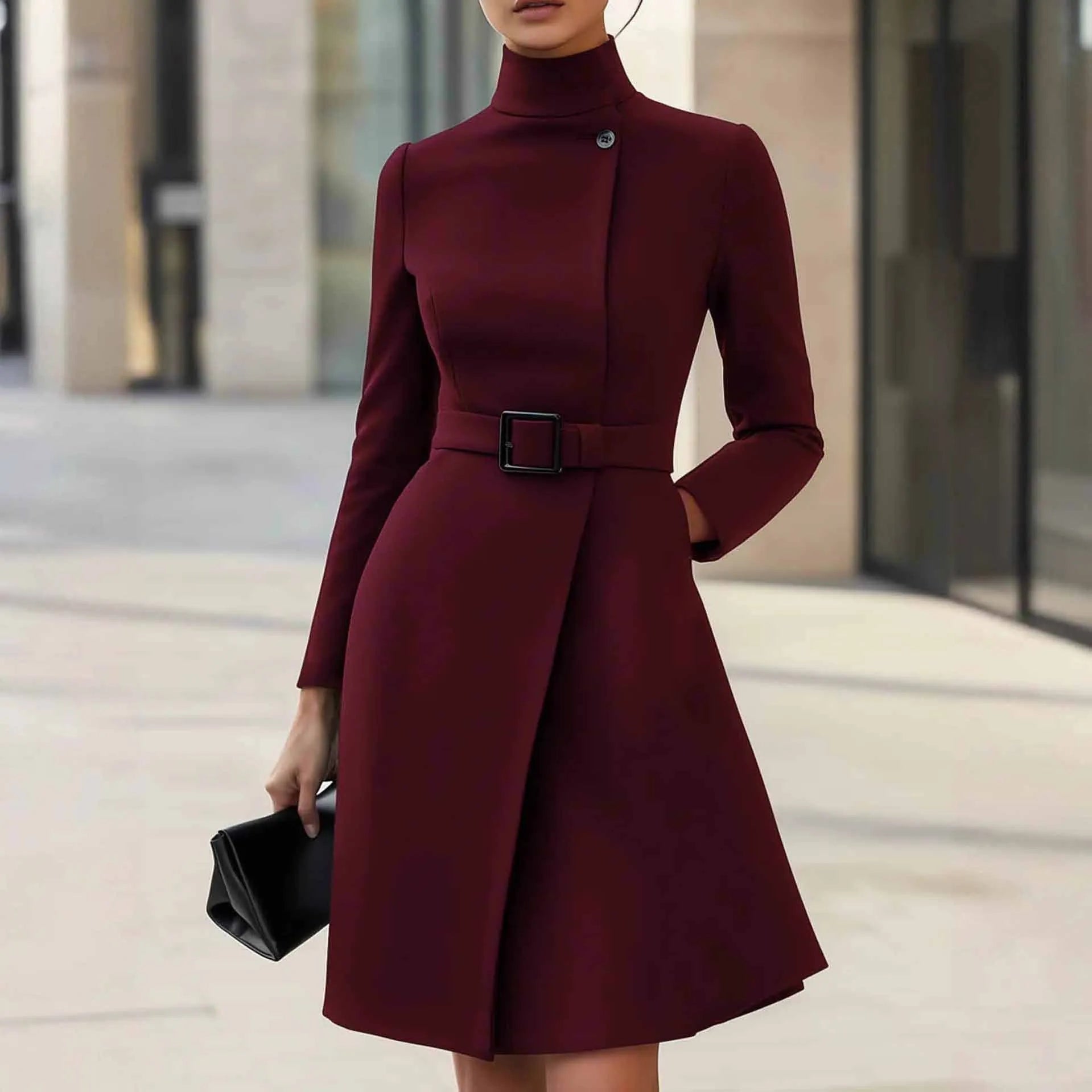 Women's long sleeve casual dress with stand collar and high waist in black, bohemian style on a model