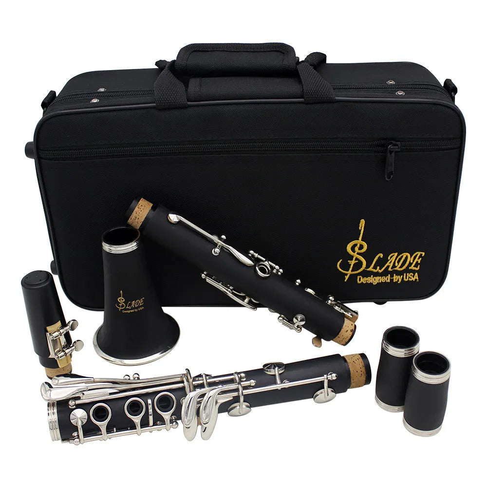 Black bakelite clarinet with 17 nickel keys and a carry bag for beginners.