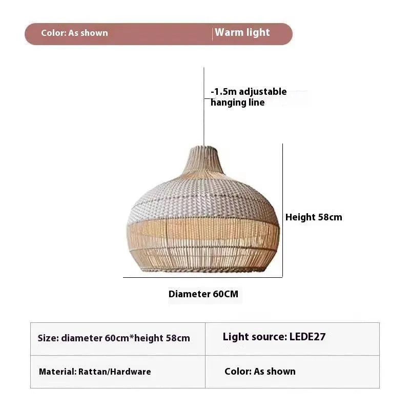 Rattan woven chandelier with 60cm diameter in a pastoral Southeast Asian style.