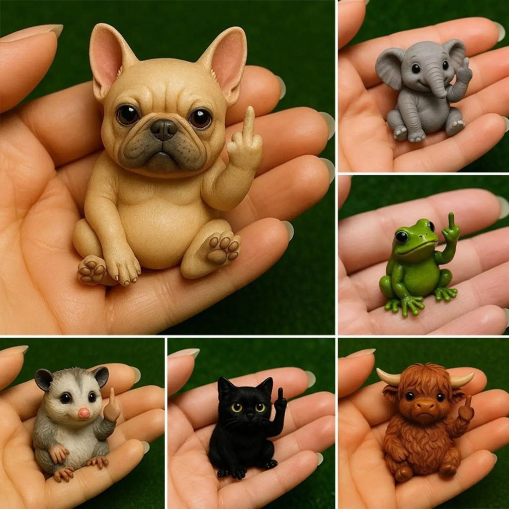Mini resin animal figurine making vertical middle finger gesture, available in seven animal designs