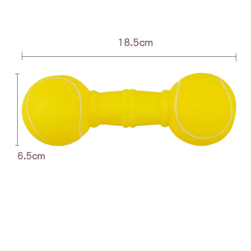 Brown, orange, white, and yellow PVC football dumbbell shaped dog toy with squeaker.