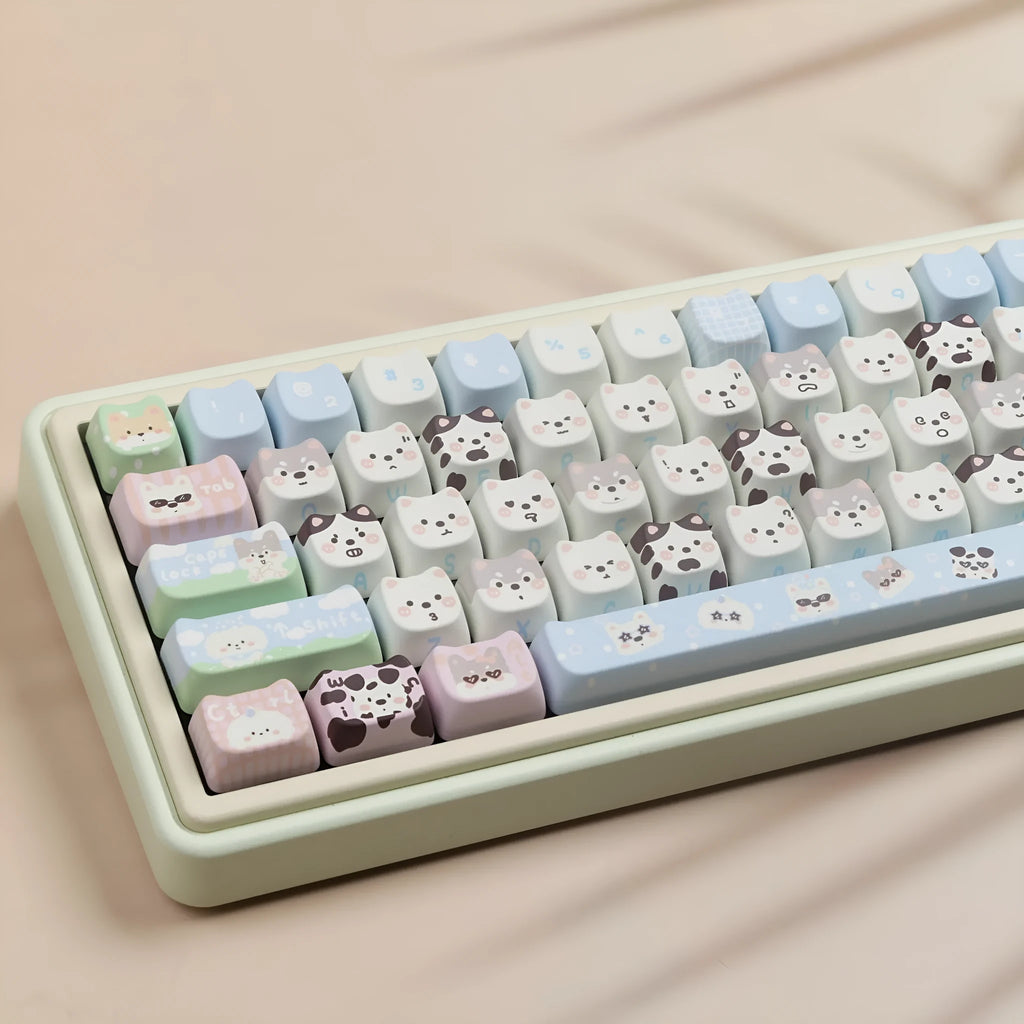 Full set of PBT key caps with sublimation printed cat and puppy designs for mechanical keyboards