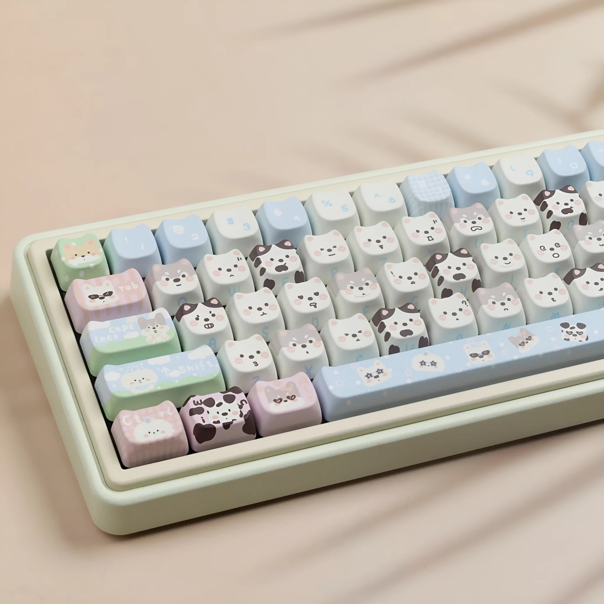 Full set of PBT key caps with sublimation printed cat and puppy designs for mechanical keyboards
