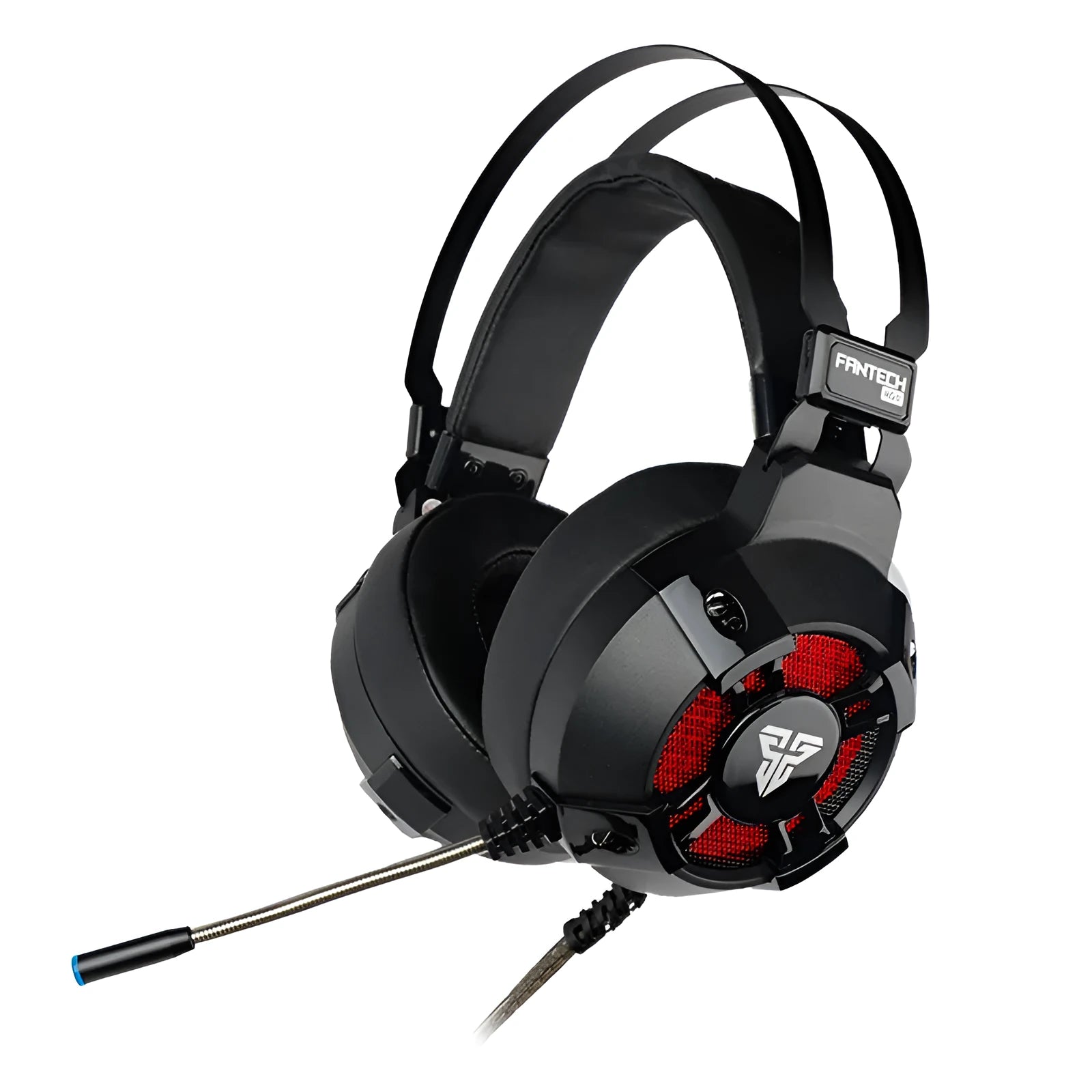 Black FANTECH HG11 gaming headset with RGB lights on ear cups and a USB cable.