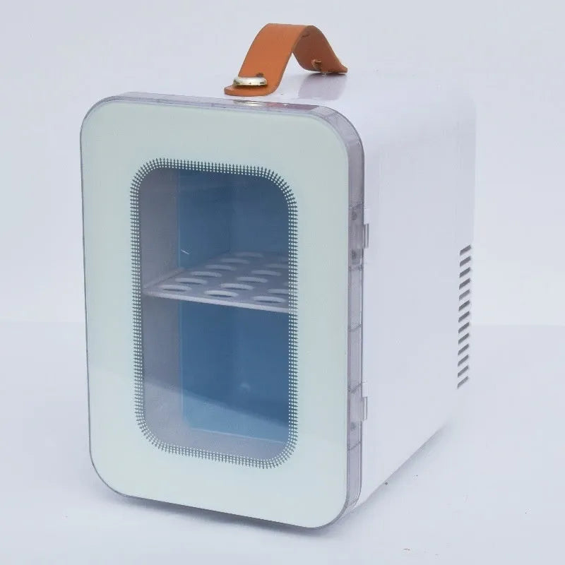 Pink beauty mini refrigerator with transparent door showing contents inside, 6L capacity hot and cold dual-use
