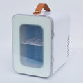 Pink beauty mini refrigerator with transparent door showing contents inside, 6L capacity hot and cold dual-use