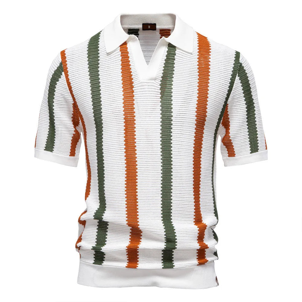 Breathable hollow mosaic pattern men's short-sleeved polo shirt in khaki, front view, on plain background