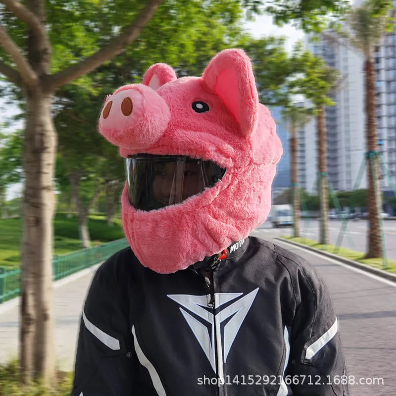 Pink pig cartoon design plush hood made from pv velvet cloth for motorcycle helmet protection.