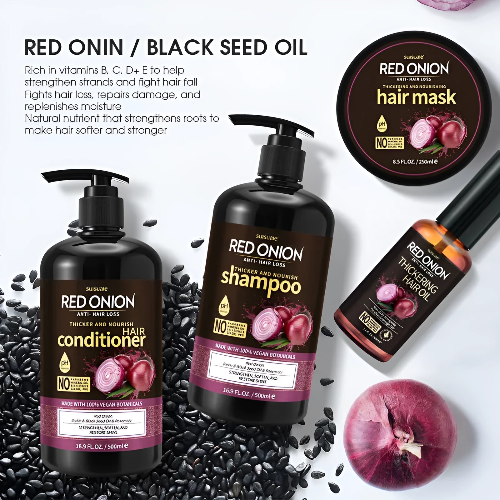 Red onion shampoo conditioner complete four-piece hair care set with bottles