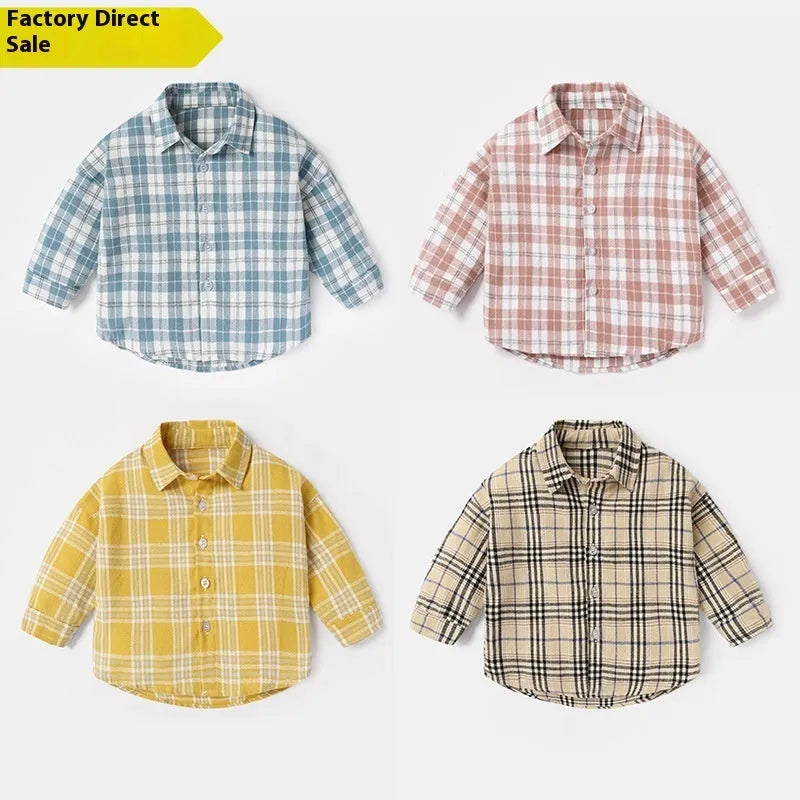 Boy's long sleeve cotton lattice shirt in khaki, light blue, pink, or yellow with animal cartoon print.