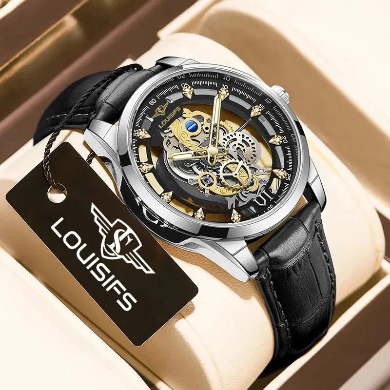 Swiss double-sided hollow men's quartz watch with leather strap and metal case