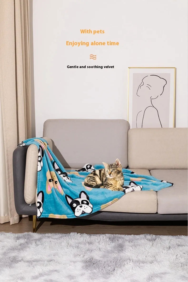 Double-sided dog blanket with cartoon anime pattern in blue dog print, shown beside size options