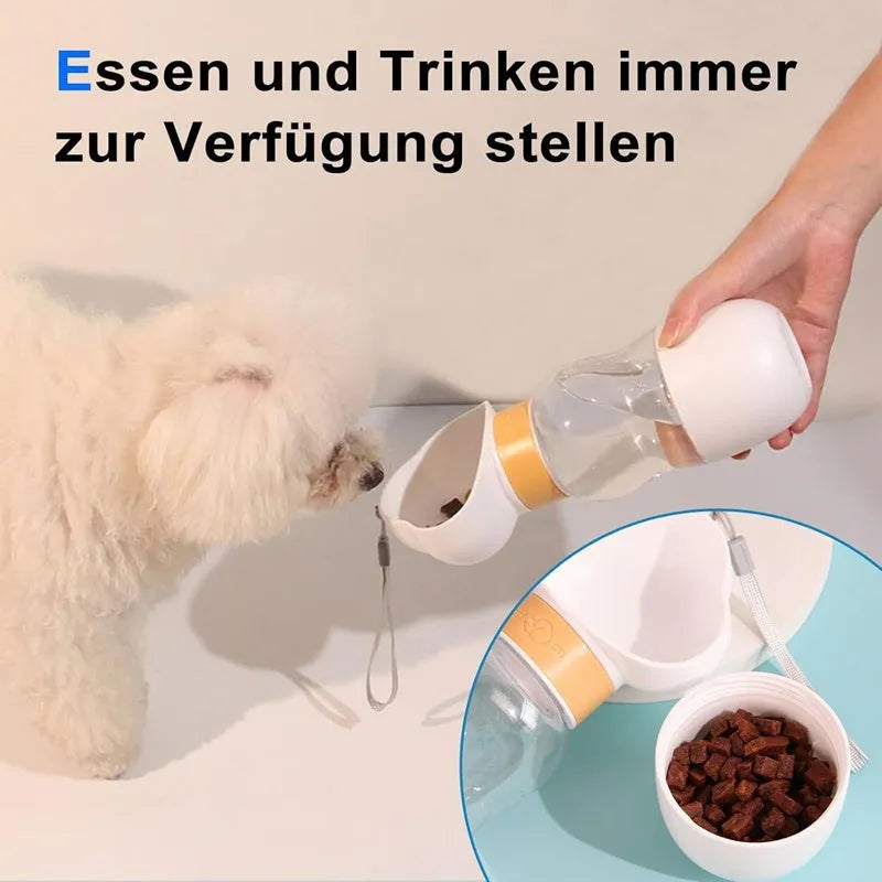 Portable dog water bottle with plastic body, rotary switch, and attached belt, showing water dispenser and bottom food container