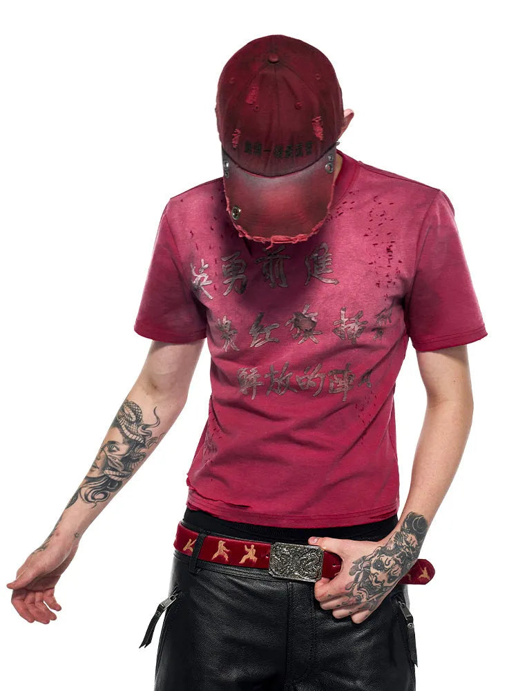 Men's summer slim-fit red short sleeve t-shirt with spray dirty washed distressed finish, round neck, daily casual wear