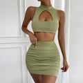 Women's light purple hollow vest and split skirt two-piece outfit with elastic polyester fabric