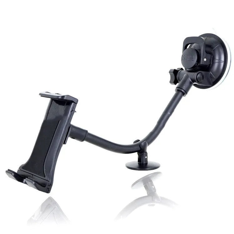 Black vehicle-mounted tablet holder with suction cup for 4-12-inch devices on car dashboard
