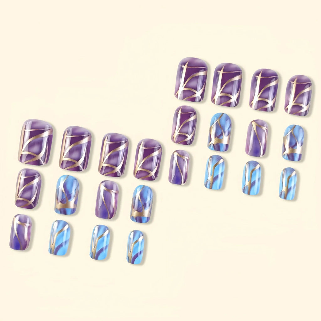 Purple striped mid-length nail stickers with European and American style on a light background