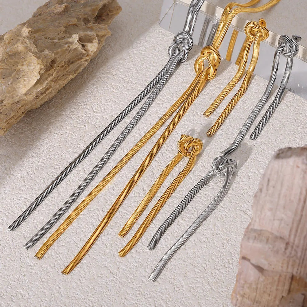 Gold knotted tassel pendant necklace with snake chain and matching earrings set