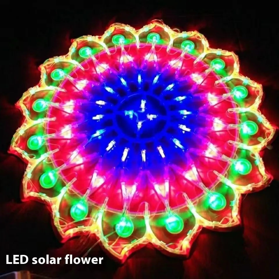 Outdoor Christmas festival string lights with peacock, love heart, sunflower, and star shapes displayed in festive decoration