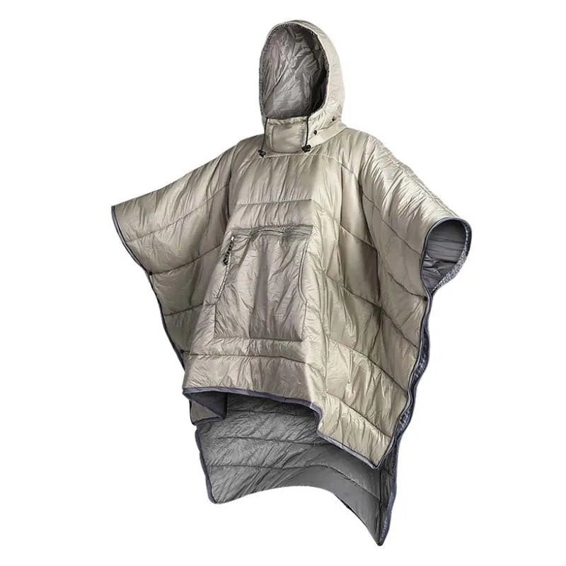Outdoor cloak sleeping bag shown as wearable cape and flat 200x140cm blanket in army green