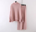 Women's casual two-piece set with long sleeve sweater and wide leg trousers in a solid colour.