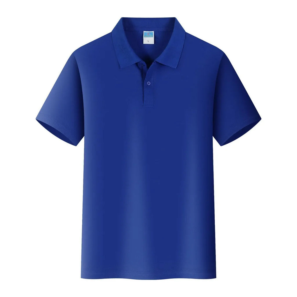 Short-sleeved cotton advertising work shirt on a hanger, straight fit, for custom embroidery.