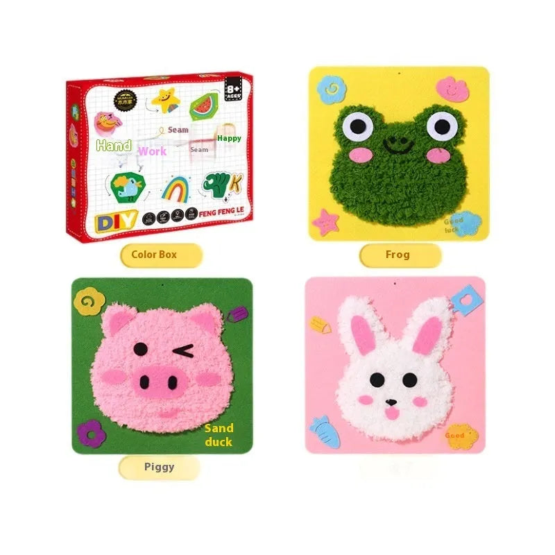 Children's DIY wool embroidery kit with cartoon animal design on 15cm cloth base