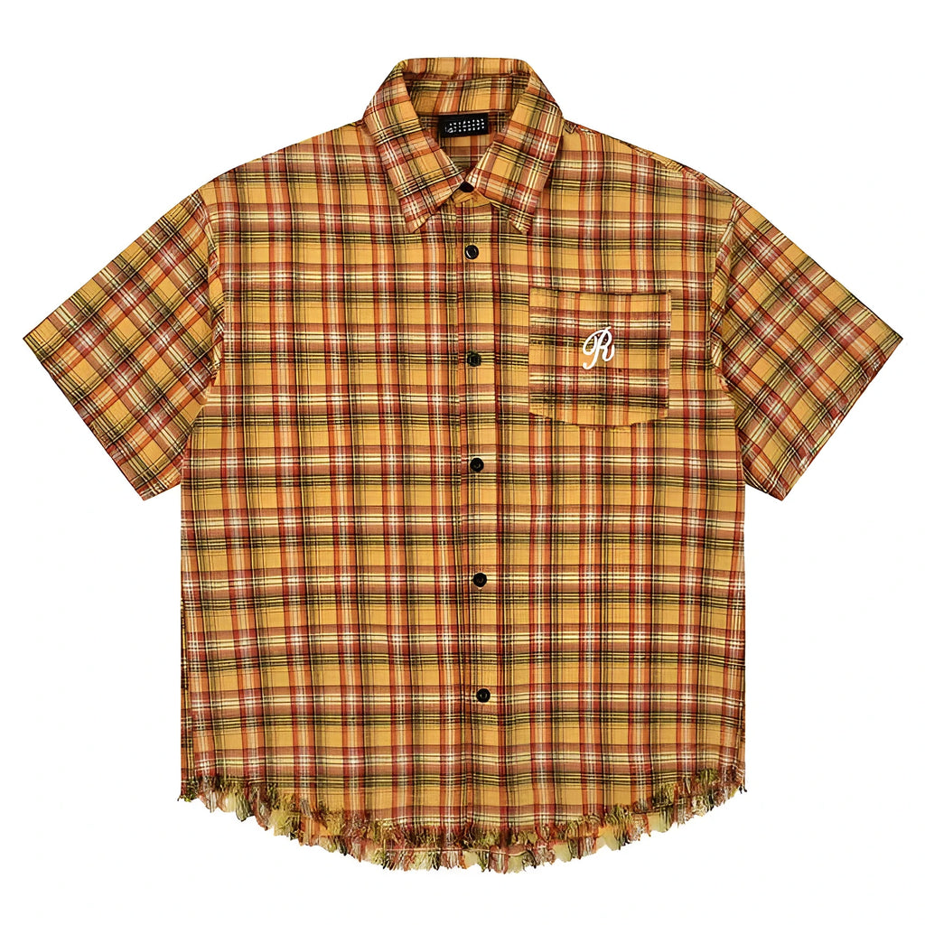Yellow grid plaid short sleeve shirt with embroidered pocket detail in loose fit