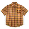 Yellow grid plaid short sleeve shirt with embroidered pocket detail in loose fit