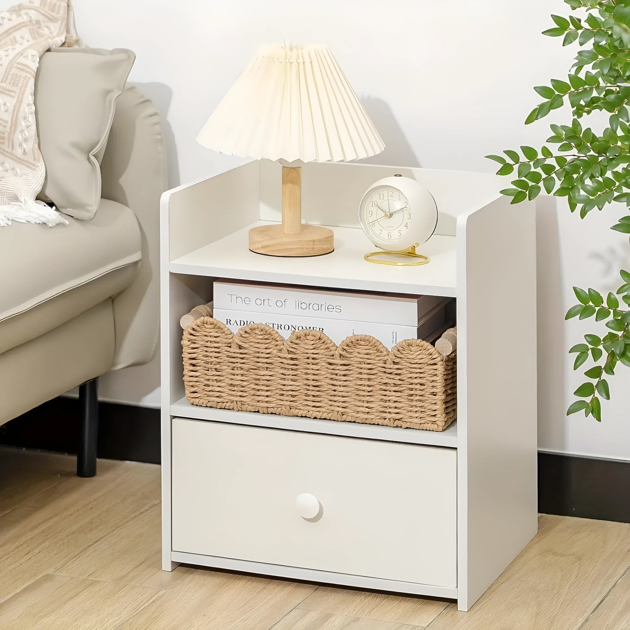 Woven paper storage basket measuring 35.5cm long for organising remote controls and stationery on desks