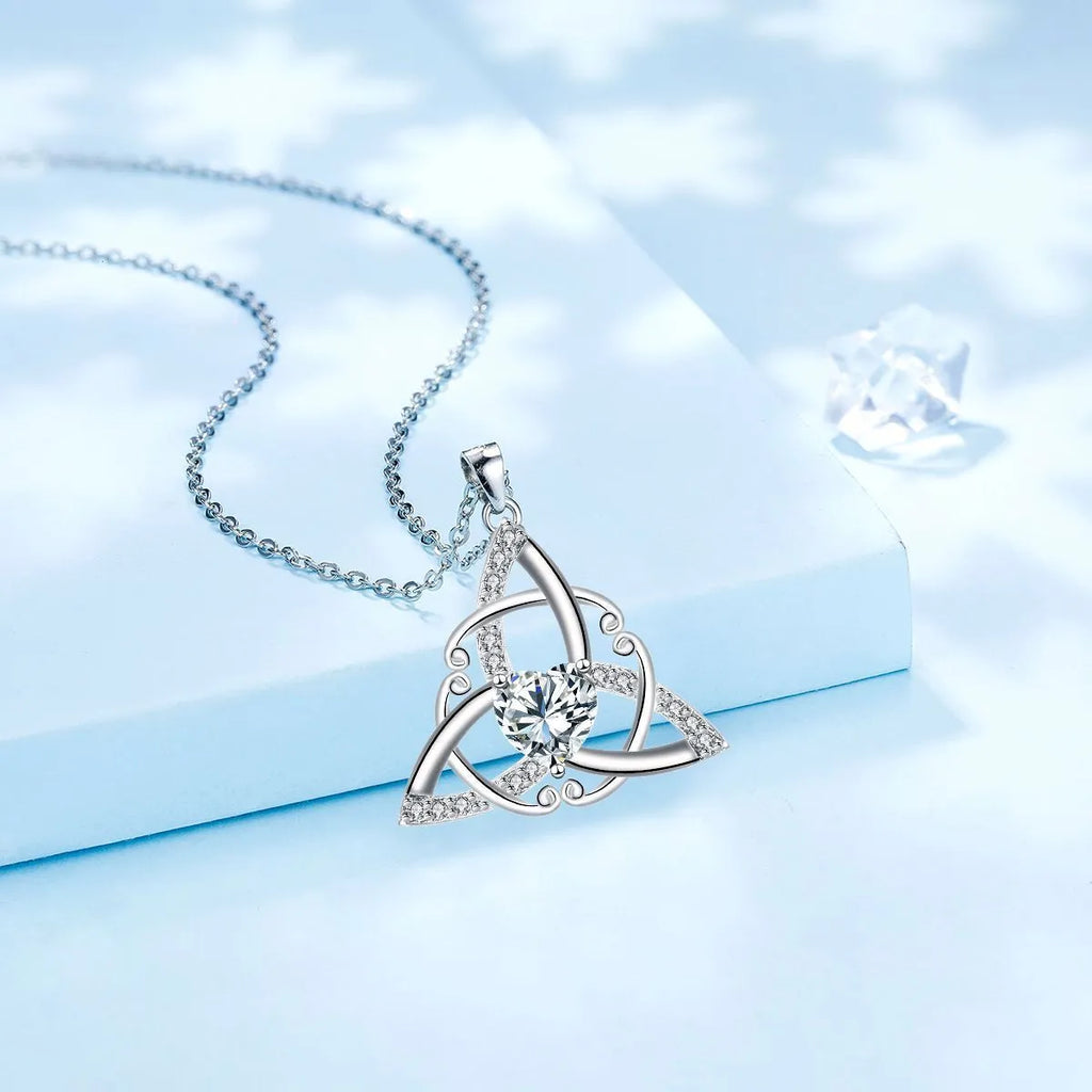 Women's Celtic knot necklace with geometric copper pendant in choice of four electroplated colours.