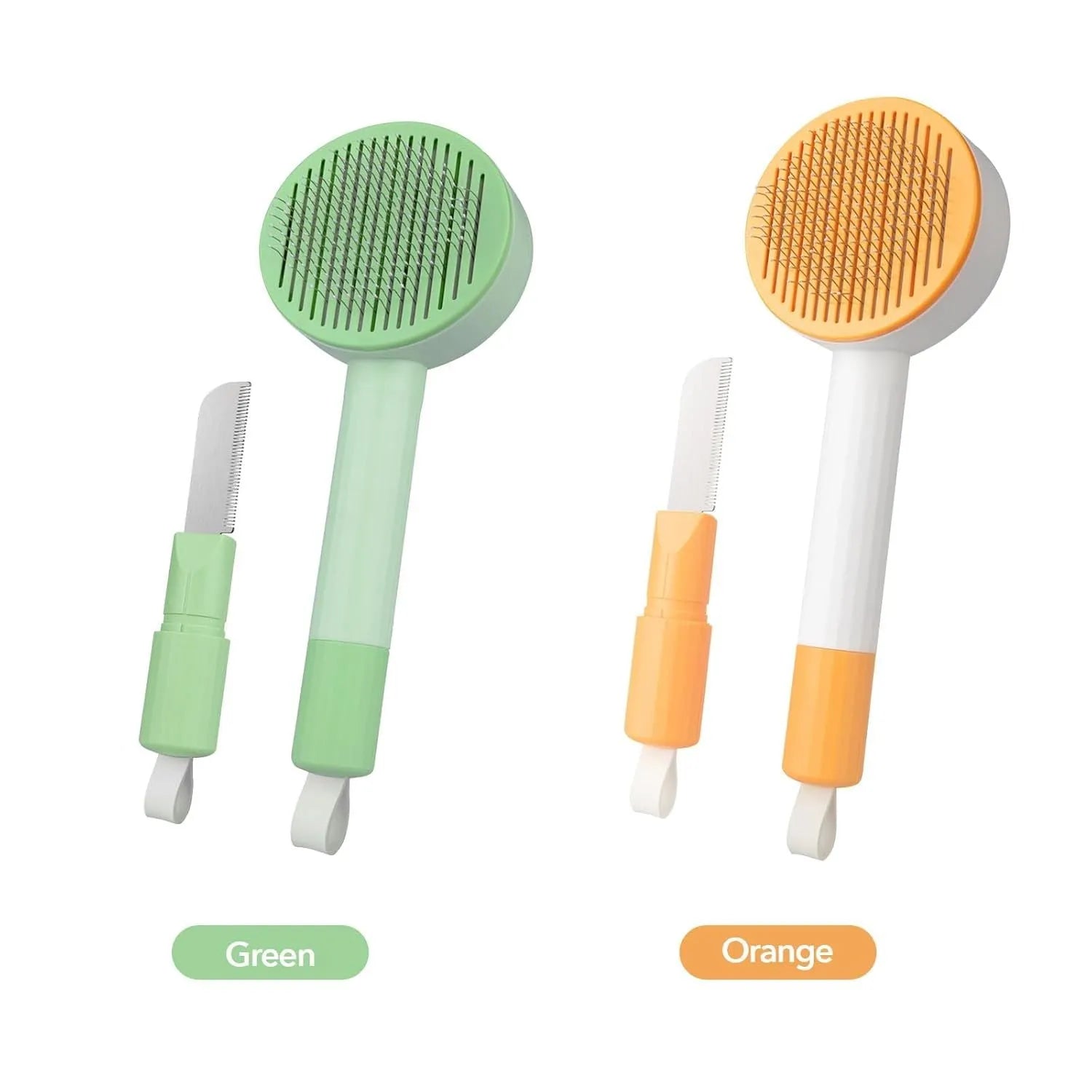 Green and yellow pet grooming brush with stainless steel teeth for cats and dogs