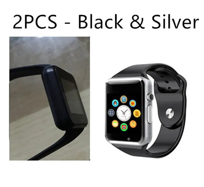 A1 Smart Watch for Android with 1.54-inch screen, Bluetooth, GSM SIM slot, and camera in multiple colours.