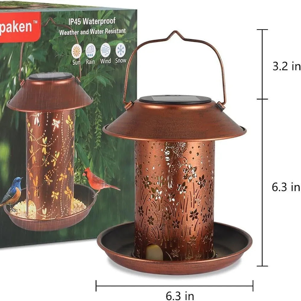 Solar-powered iron bird feeder lamp with hummingbird pattern for outdoor garden lighting and bird feeding