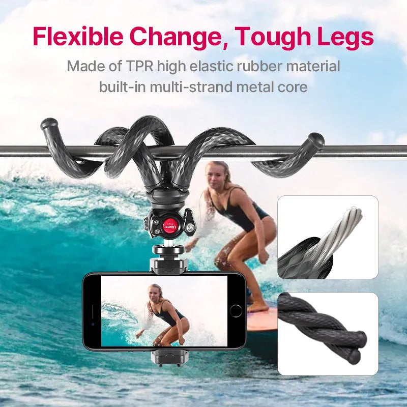 Black octopus-style flexible phone tripod with mobile clip on aluminium stand