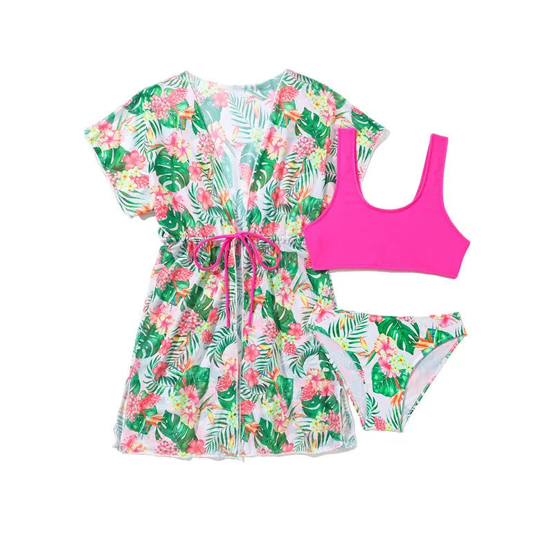 Girls' two-piece floral swimsuit briefs set in polyester fabric for swimming sports
