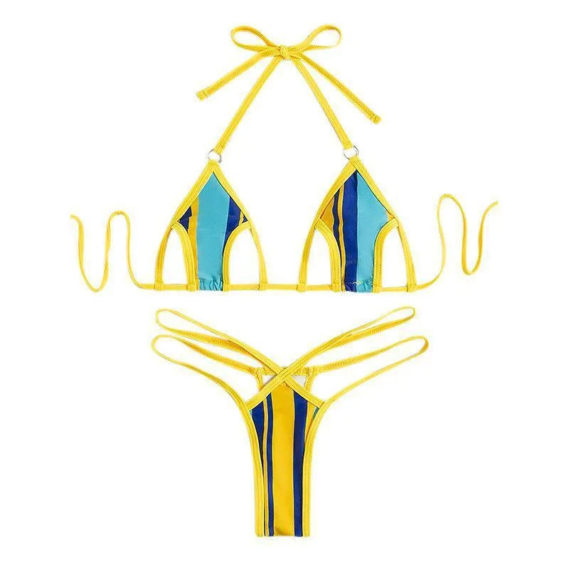 Yellow women's split swimsuit with neck-hanging style and hollow design