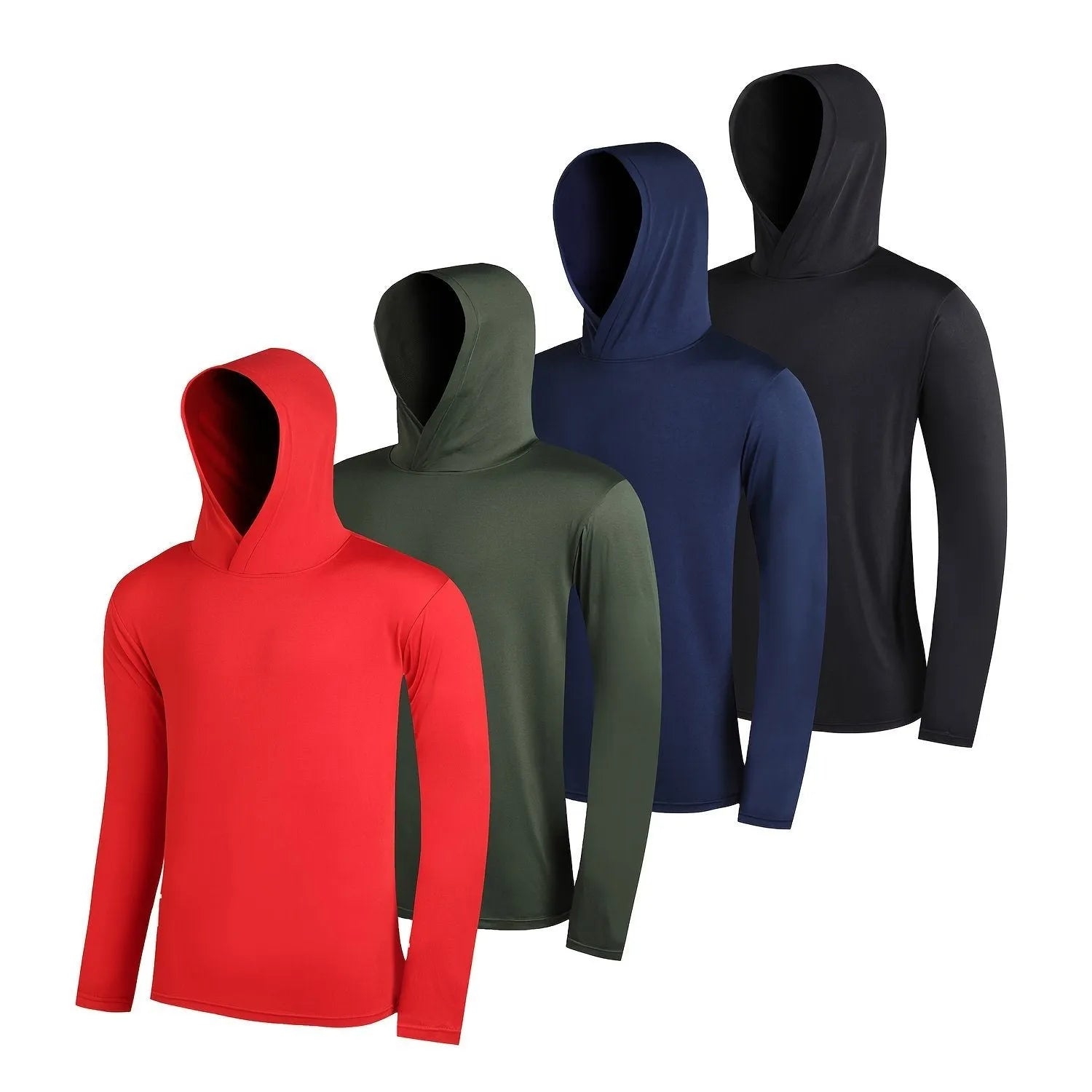 Four men's lightweight hoodies folded, showing elastic polyester fabric in a solid colour.