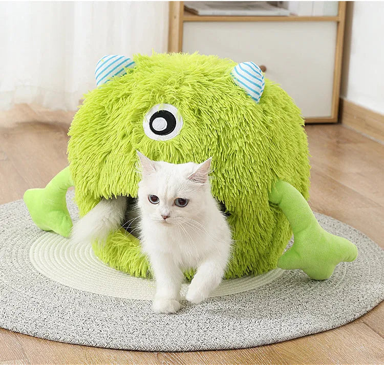 Round fluffy cat bed with non-slip bottom in three size options