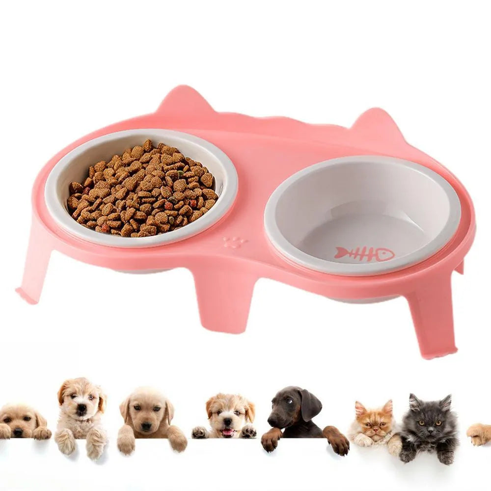 Ceramic cat food and water bowl set on elevated stand with hook design in blue colour